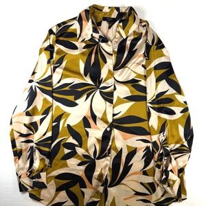 Haver London Womens Abstract Leaf Print Satin Button Down Blouse Mustard XS
